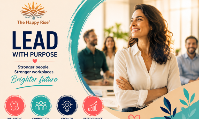 Workplace wellbeing and conscious leadership concept showing a confident leader and engaged team in a positive workplace culture focused on employee wellbeing, happiness at work, and organisational success.