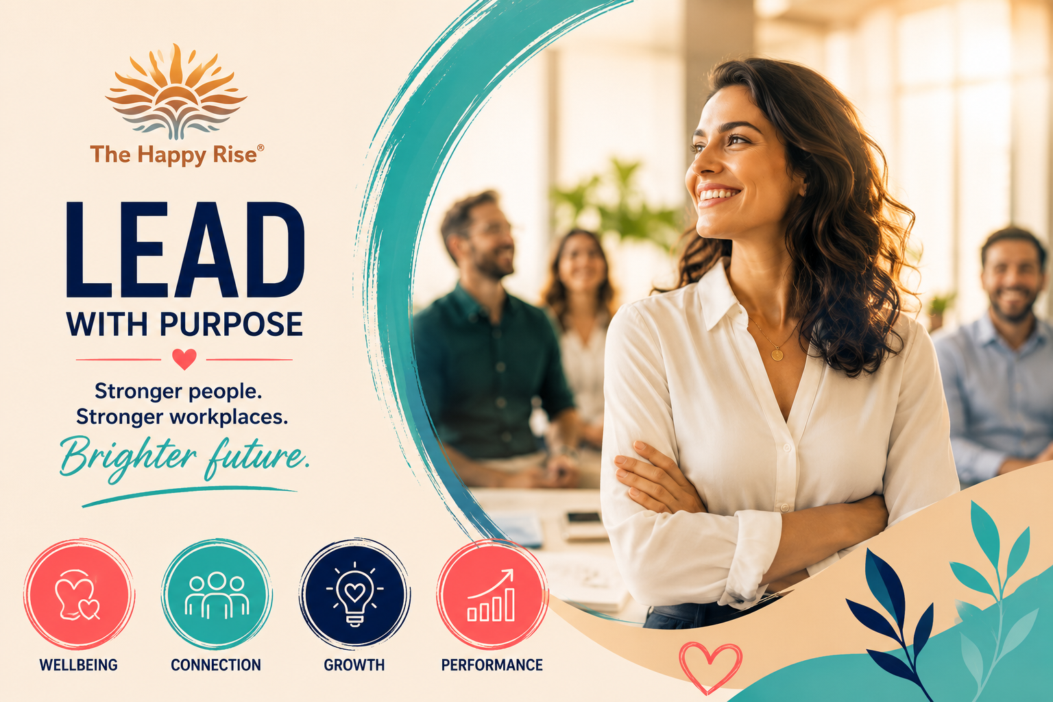 Workplace wellbeing and conscious leadership concept showing a confident leader and engaged team in a positive workplace culture focused on employee wellbeing, happiness at work, and organisational success.