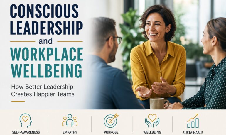 Conscious leadership meeting in a modern workplace showing leaders building employee wellbeing, trust, collaboration, and a positive workplace culture.