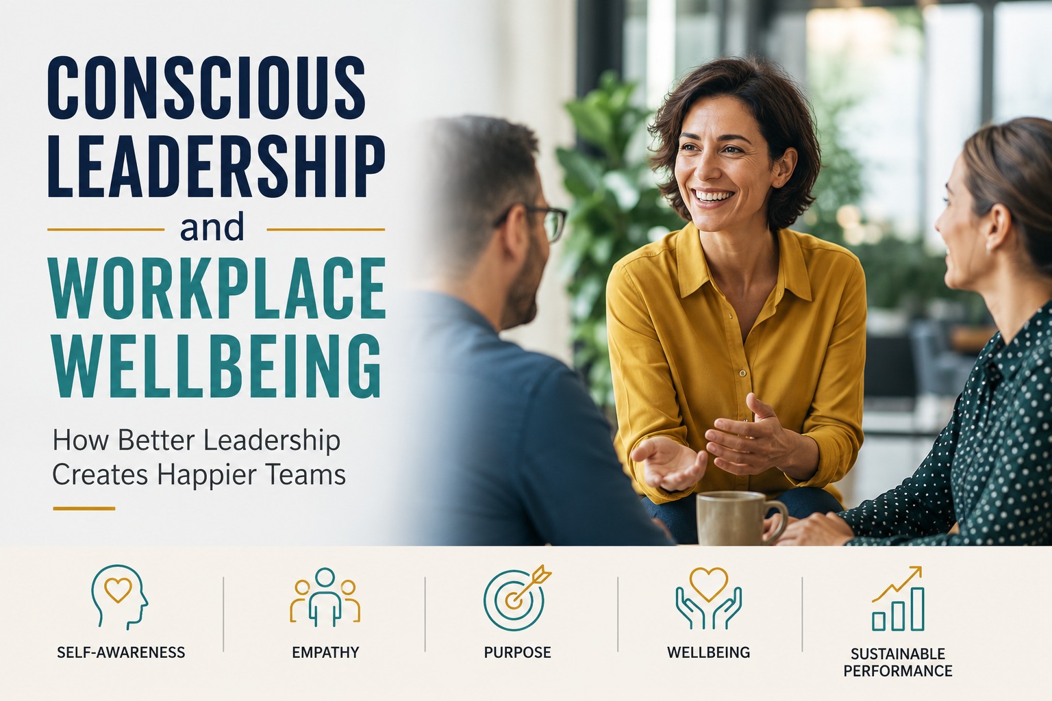 Conscious leadership meeting in a modern workplace showing leaders building employee wellbeing, trust, collaboration, and a positive workplace culture.
